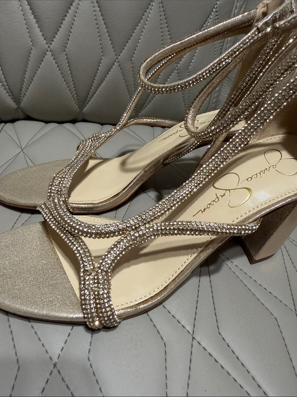 Jessica Simpson Metallic Gold Rhinestone Block Heel Sandals - Picture 7 of 11